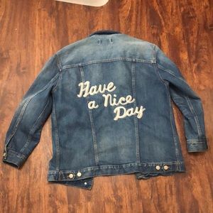 Madewell oversized size small denim jean jacket with “have a nice day”